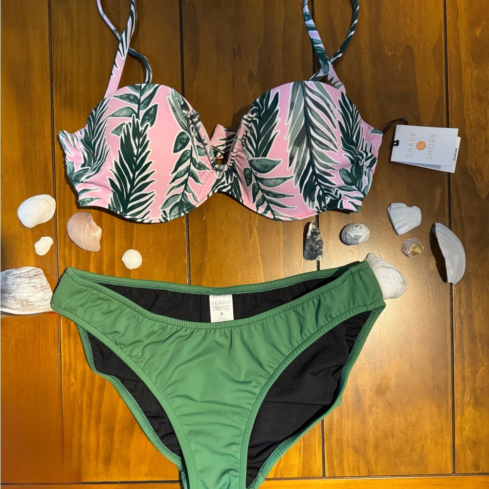 Pink and Green Leaf Print Bikini Set